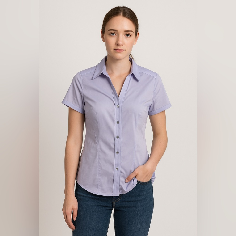 New York & Company Short  Sleeve Lavender Button Up Blouse